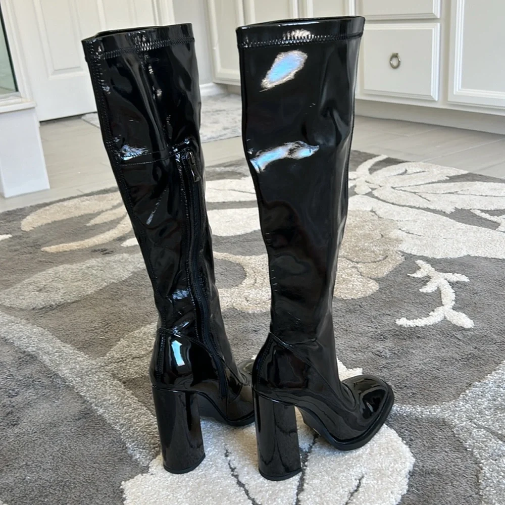 Black Knee High Block Heel Sock Boot - Picture 10 of 15